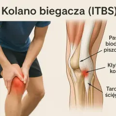 Ból kolana biegacza (ITBS) spowodowany tarciem ścięgna. Ilustracja pokazuje anatomię kolana i jego leczenie.