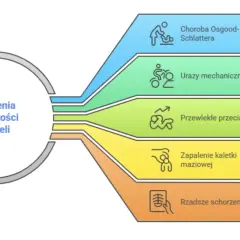 Schemat przedstawia schorzenia guzowatości kości piszczelowej: choroba Osgooda-Schlattera, urazy, przeciążenia, zapalenie kaletki i rzadsze schorzenia.