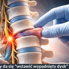 Dłoń w rękawiczce delikatnie naciska na wypuklinę między kręgami, sugerując nastawianie wypadniętego dysku.