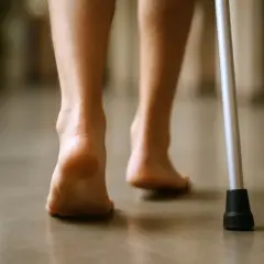 Powolne kroki po złamaniu pięty, wspierane laską. Powrót do normalności.