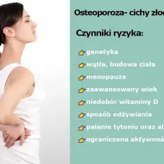 Kobieta z bólem pleców, ilustrująca osteoporozę. Wymienione czynniki ryzyka: genetyka, menopauza, niedobór witaminy D.