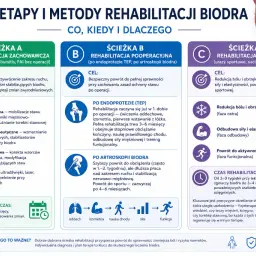 Rehabilitacja po operacji biodra trwa od 3-6 miesięcy (TEP) do 4-6 miesięcy (artroskopia).