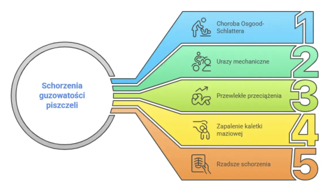 Schemat przedstawia schorzenia guzowatości kości piszczelowej: choroba Osgooda-Schlattera, urazy, przeciążenia, zapalenie kaletki i rzadsze schorzenia.