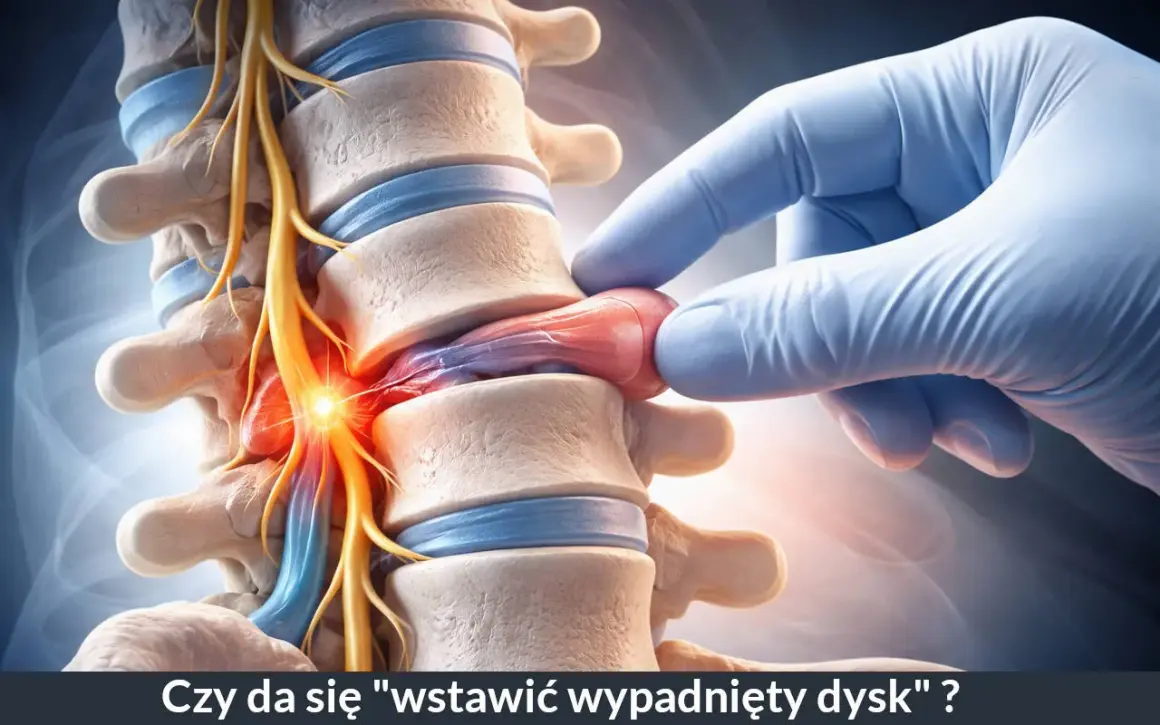 Dłoń w rękawiczce delikatnie naciska na wypuklinę między kręgami, sugerując nastawianie wypadniętego dysku.