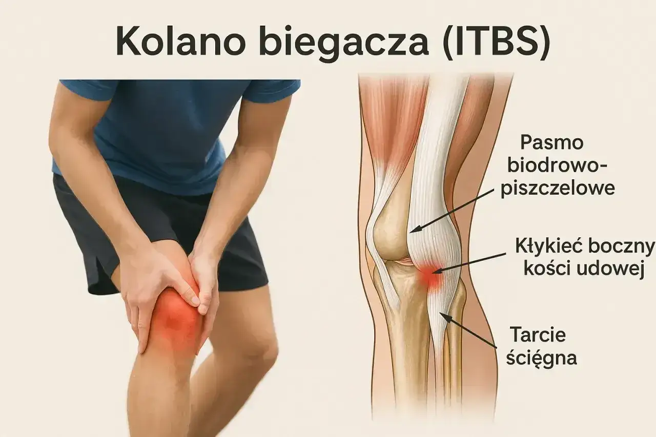 Ból kolana biegacza (ITBS) spowodowany tarciem pasma biodrowo-piszczelowego o kłykieć boczny kości udowej.