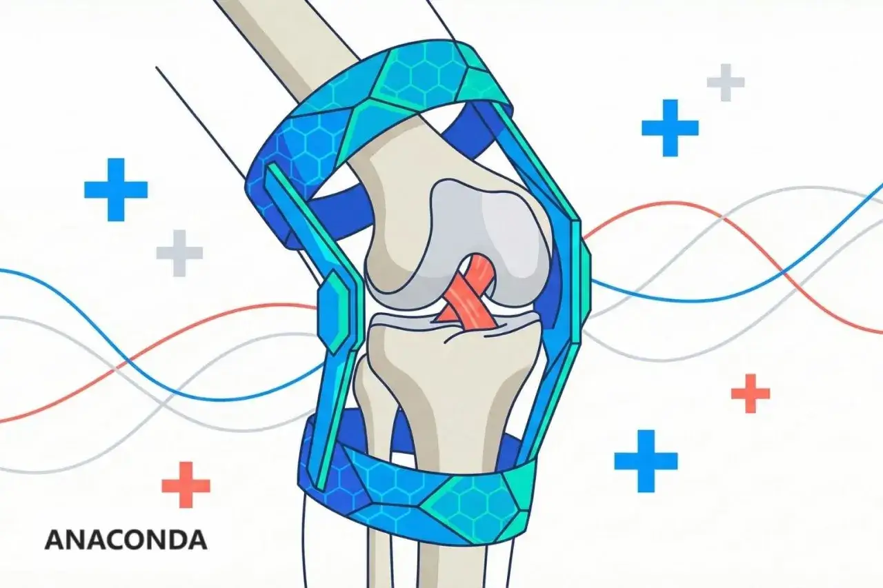 Anatomia kolana w niebieskiej opasce. Czy blokady są szkodliwe? Grafika z krzyżykami i falami.