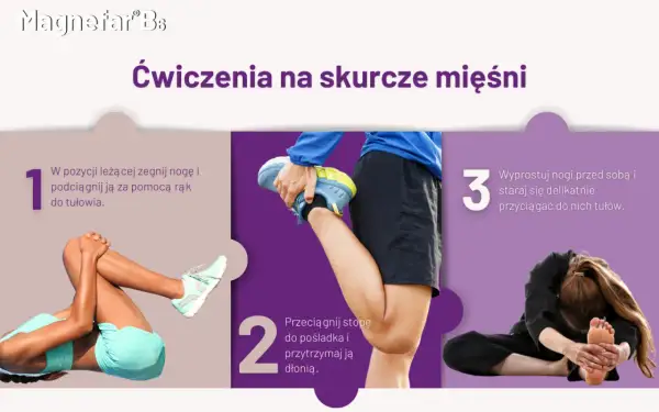 Ćwiczenia na skurcze mięśni: leżąc, podciągnij nogę do tułowia. Potem przyciągnij stopę do pośladka. To pomoże, gdy czujesz spazma.