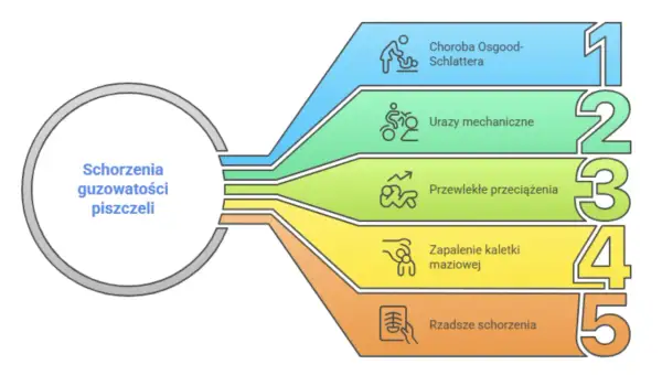 Schemat przedstawia schorzenia guzkowatości piszczeli, w tym chorobę Osgooda-Schlattera, urazy mechaniczne, przewlekłe przeciążenia, zapalenie kaletki maziowej i rzadsze schorzenia.