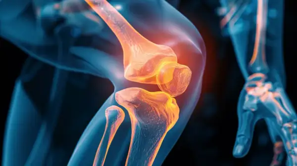 Anatomia stawu kolanowego z widocznym zapaleniem, sugerującym co na ból mięśni.