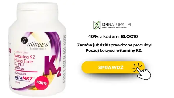 Opakowanie witaminy K2 MK-7 Aliness. Sprawdź przeciwwskazania i korzyści. Zniżka -10% z kodem BLOG10.