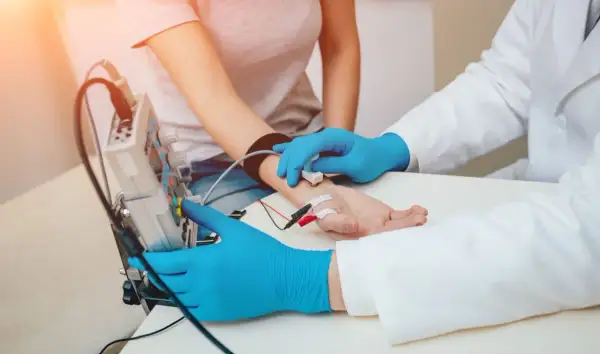 Lekarz bada przewodnictwo nerwowe pacjenta, podłączając elektrody do jego przedramienia.