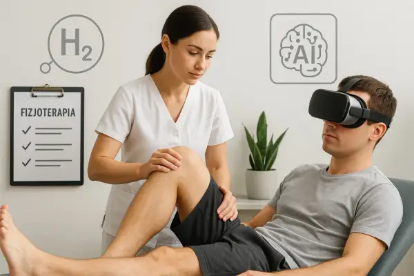 Fizjoterapeuta ocenia kolano pacjenta, który nosi gogle VR. Obok tablica z napisem "FIZJOTERAPIA" i symbole H2, AI.