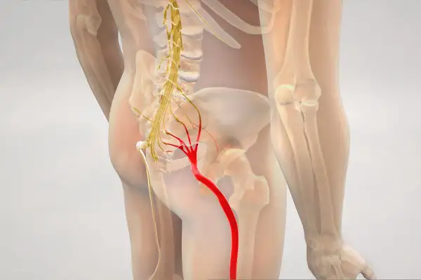 Anatomia bólu: czerwony nerw kulszowy, który może powodować rwę kulszową. RTG nie pokaże bezpośrednio tego problemu.